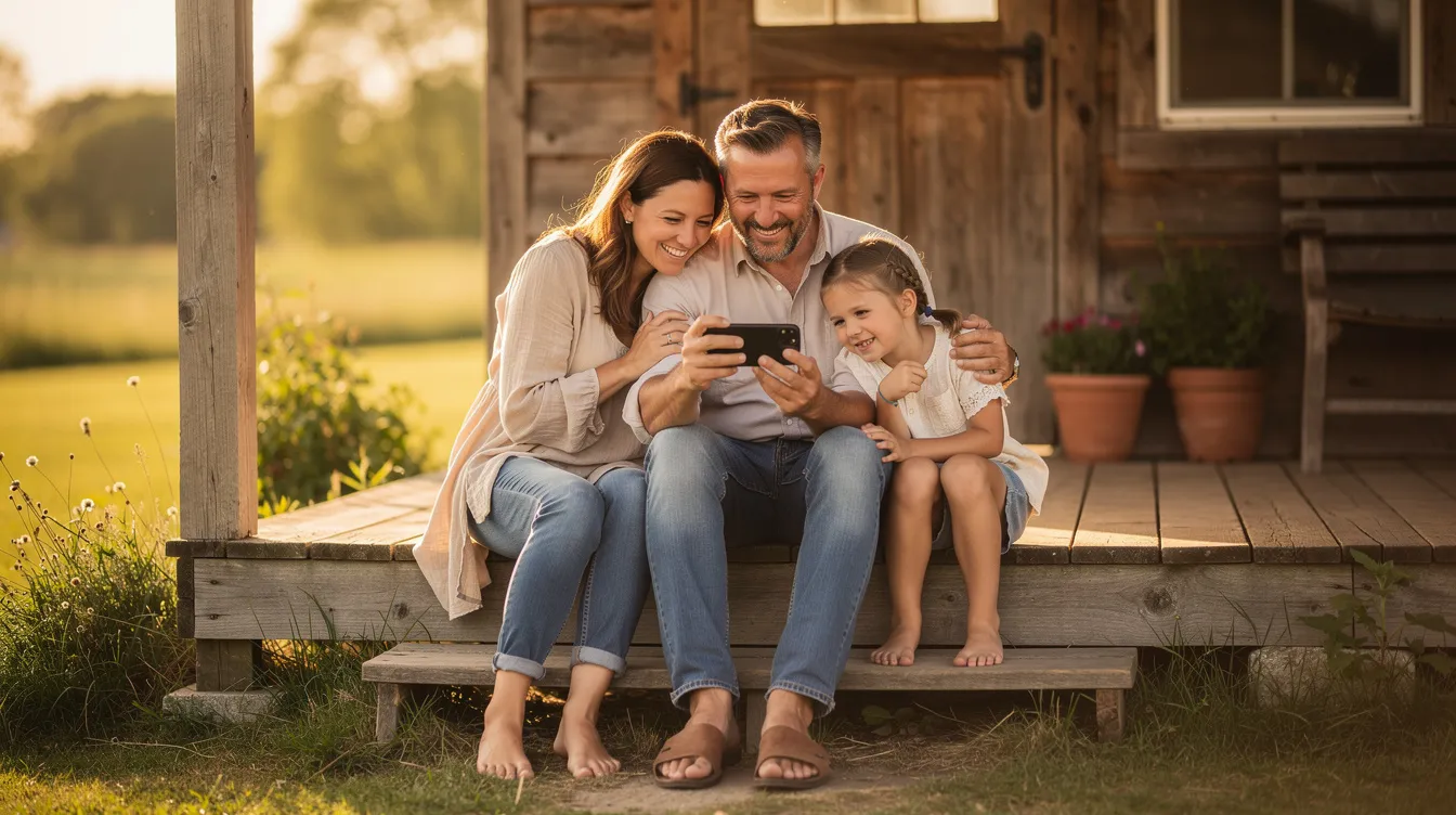 A happy family is gathered on a porch in a rural area, sharing smiles as they look at a mobile phone together, possibly discussing how to pay school fees instantly using their airtel money wallet. The scene captures a moment of connection and financial inclusion in Uganda, highlighting the importance of mobile money in managing everyday payments.