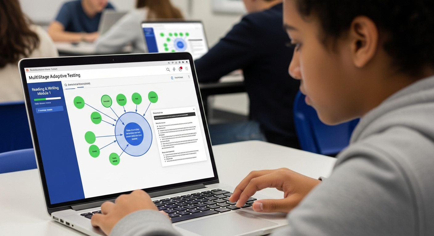 Student taking the digital SAT on a laptop with multistage adaptive testing visualization.