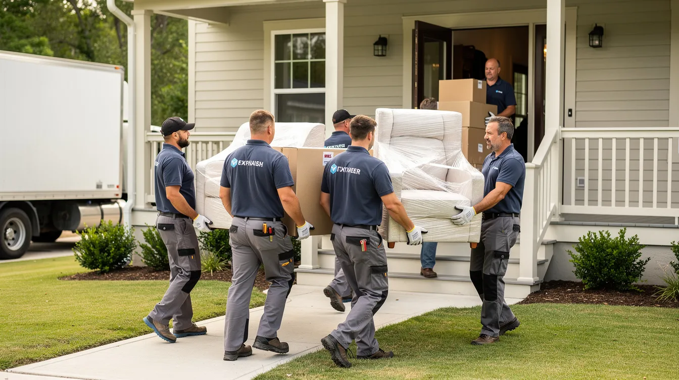 A professional moving crew is carefully carrying wrapped furniture up the front steps of a suburban home, showcasing their expertise in local moves. This image highlights the dedication of reputable moving companies to provide efficient moving services.