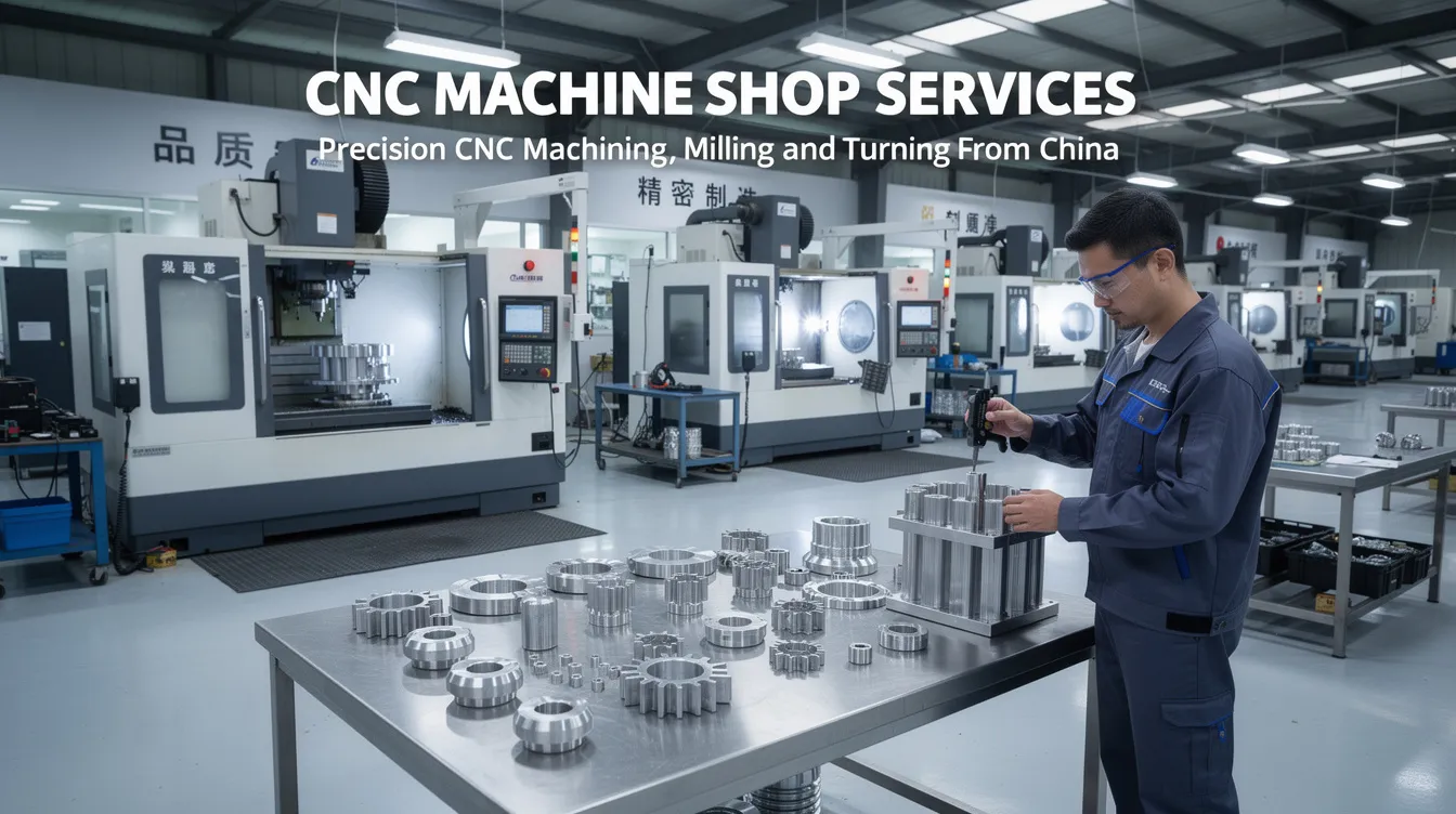 The image showcases a modern CNC machine shop equipped with advanced machinery for precision CNC machining services, including milling and turning of intricate metal and plastic parts. A skilled team of engineers is seen working diligently to ensure high accuracy and on-time delivery for various manufacturing processes, emphasizing customer satisfaction and competitive pricing in the machining industry.