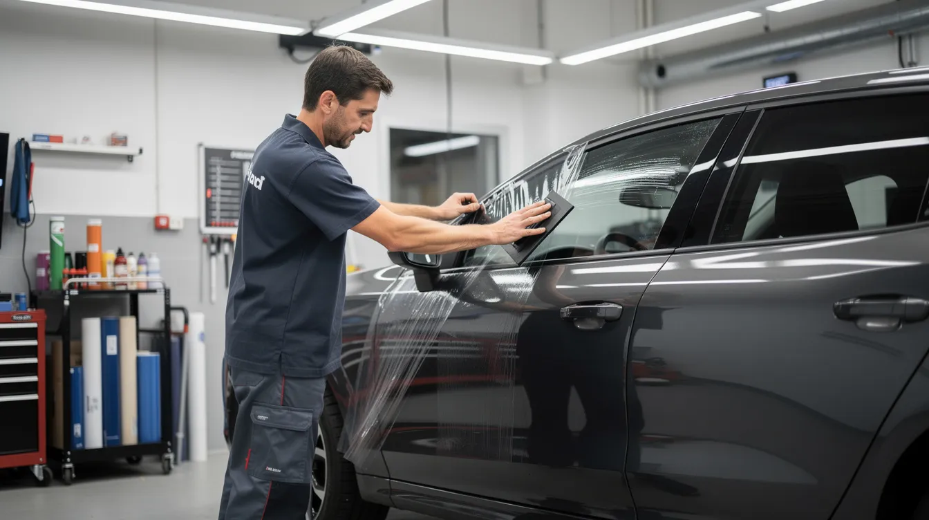 A professional is installing window film on a vehicle in a well-equipped service bay, showcasing the precision and care typical of a window tint shop. This scene highlights the commitment to quality installation services, essential for franchise owners in the automotive aftermarket industry.