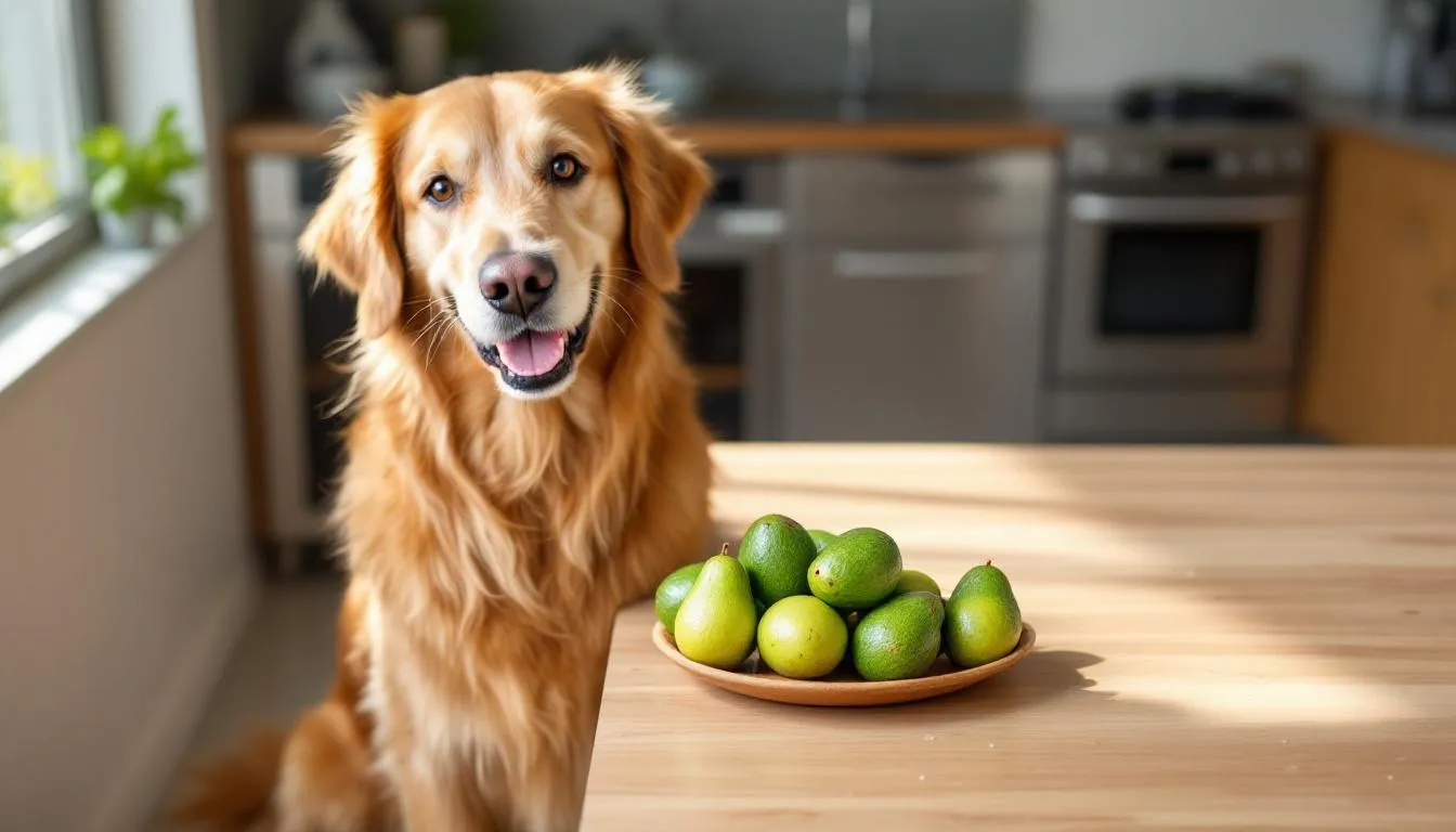 A healthy golden retriever sits beside fresh avocados on a kitchen counter, highlighting the question of whether dogs eat avocado safely. While avocado flesh can be appealing, it