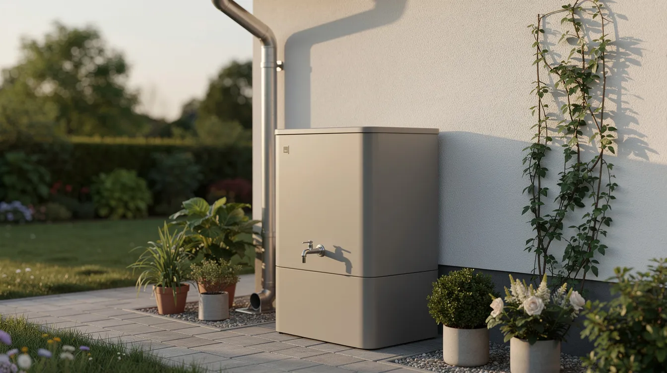 L'image montre un récupérateur d'eau de pluie hors sol au design moderne, installé contre un mur de maison. Il est équipé d'un robinet et entouré de plantes, illustrant une solution pratique pour la récupération d'eau de pluie dans un jardin.