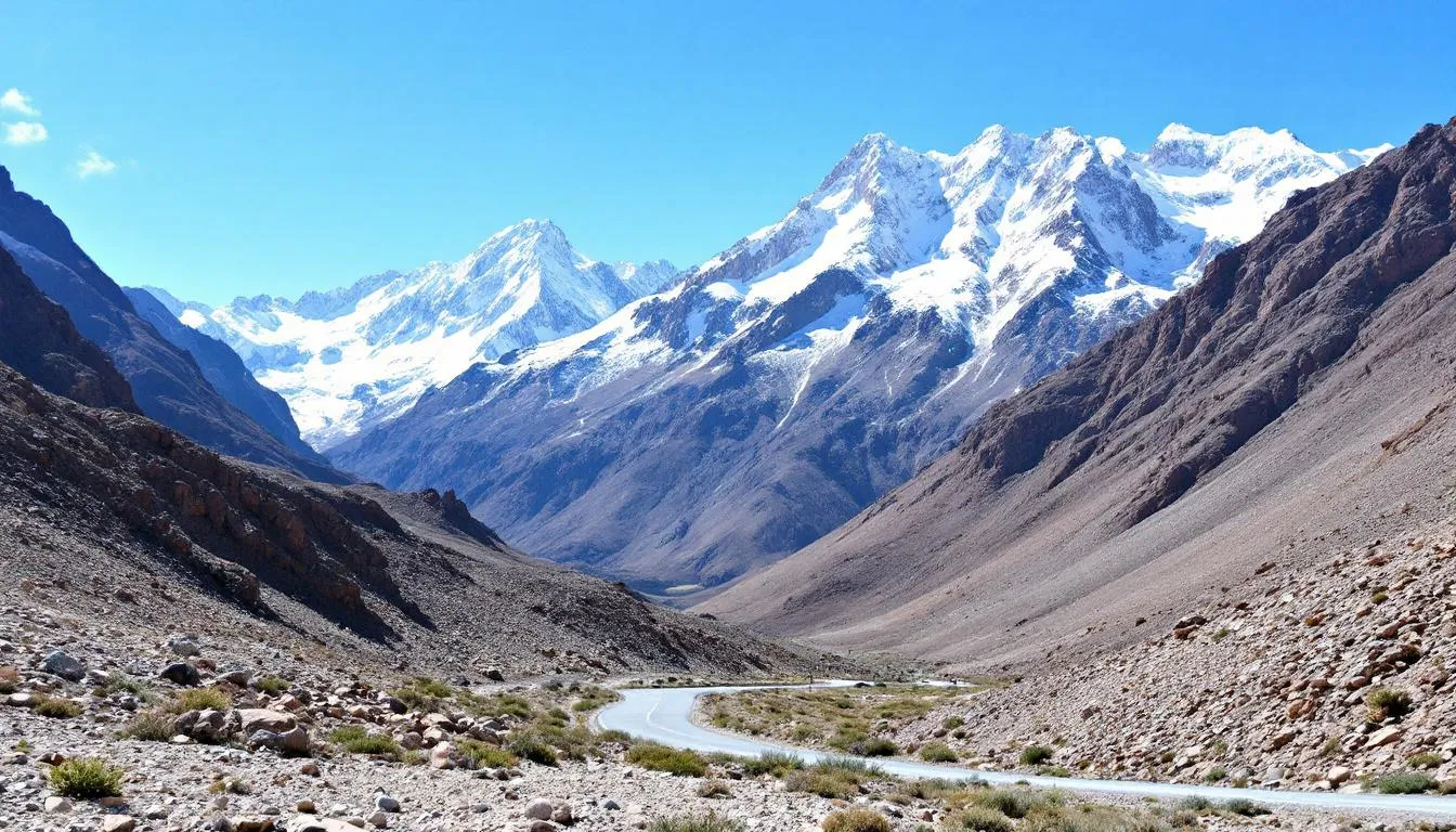 The image depicts the breathtaking landscape of the Atlas Mountains, showcasing snow-capped peaks and winding roads that lead through this awe-inspiring region. This natural wonder is a part of Morocco's diverse scenery, offering spectacular views that complement any sahara desert tour from Marrakech.