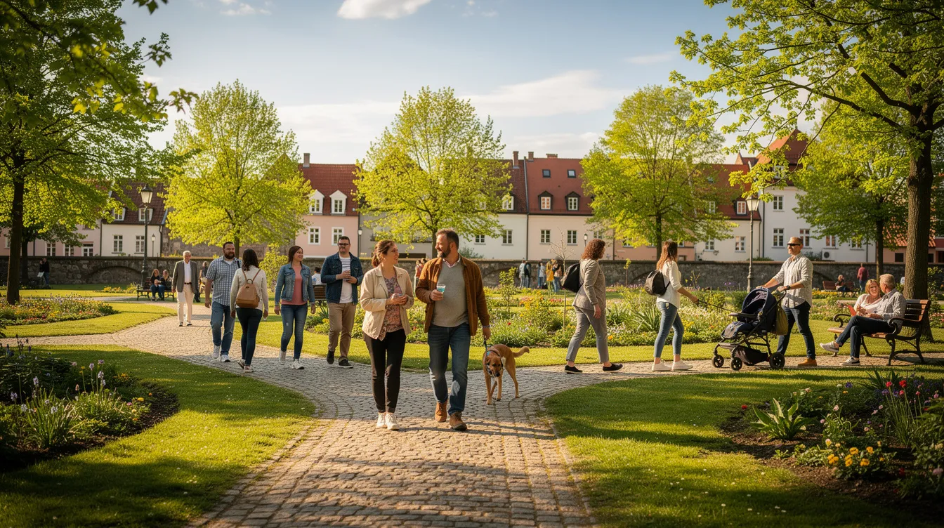 A diverse group of people, including Indian workers, strolls through a lush green park in a small European city on a sunny day, enjoying the vibrant atmosphere and well-being of their surroundings. This scene reflects a harmonious blend of cultures, highlighting the opportunities for employment and family reunification in Slovenia for international candidates.