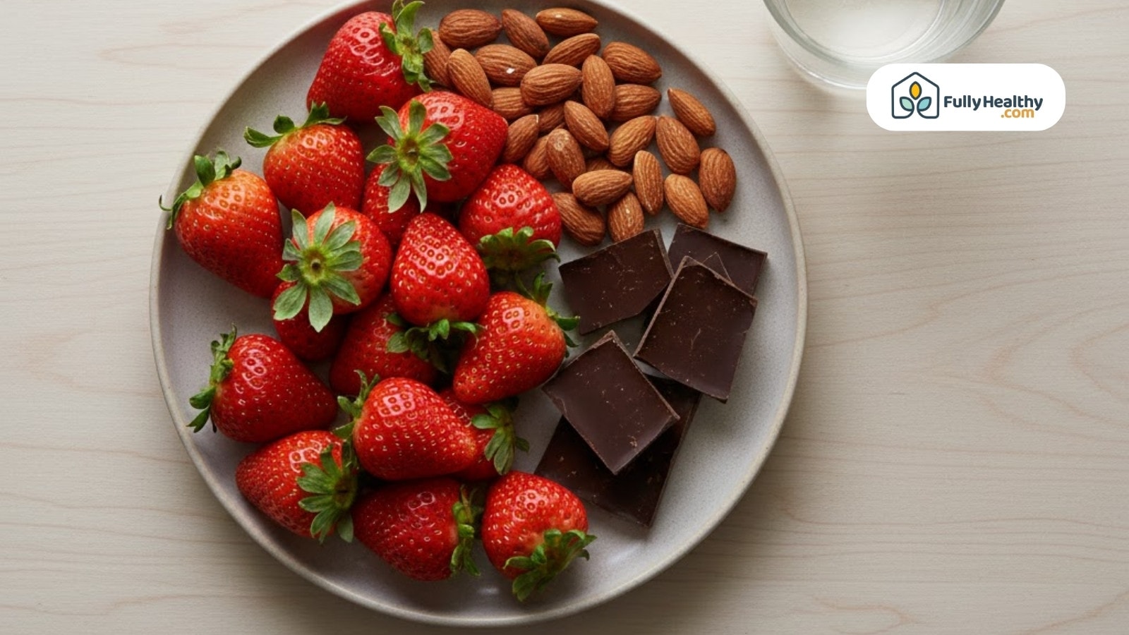 Plate with strawberries almonds dark chocolate and glass of water on table