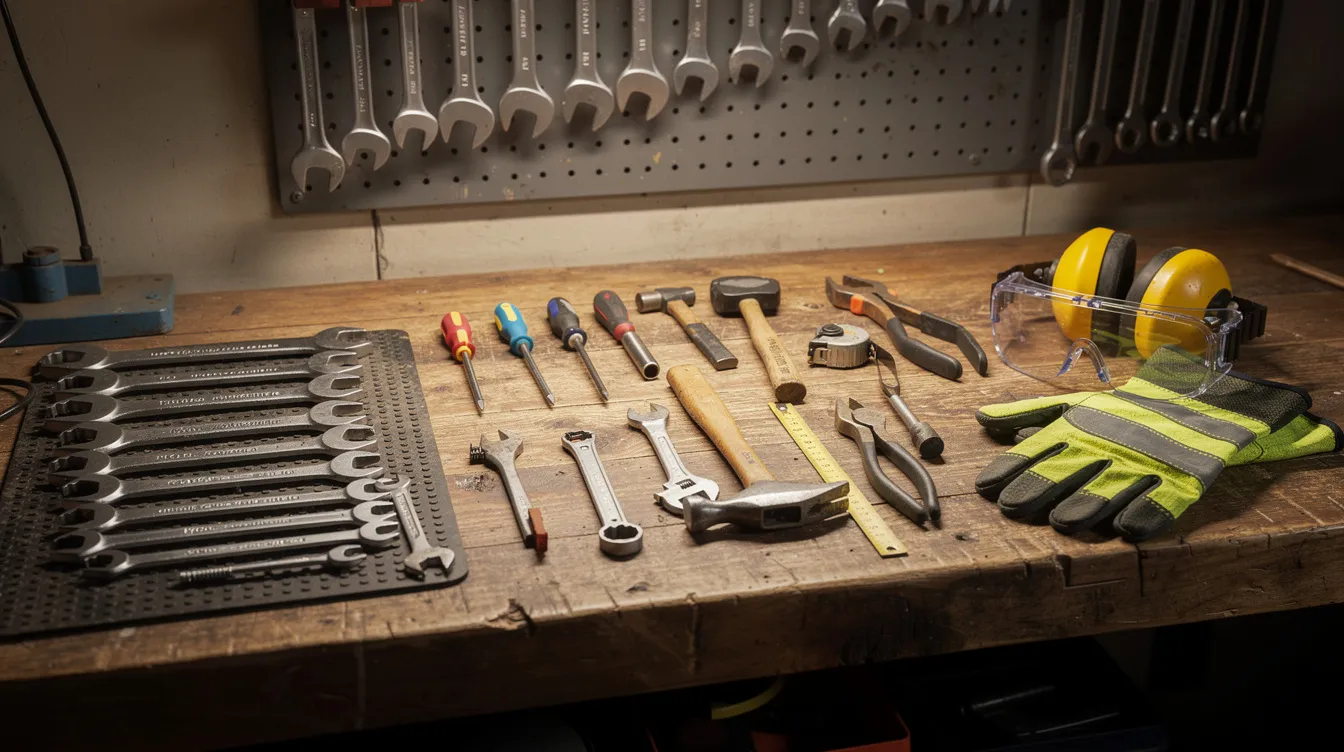 The image shows a cluttered workbench in a workshop, filled with various hand tools, wrenches, and safety equipment, highlighting the importance of personal property and essential assets for Wyoming residents. This workspace reflects a practical environment where individuals may engage in tasks that could be part of a financial relief plan, such as managing debts or preparing for bankruptcy in Wyoming.