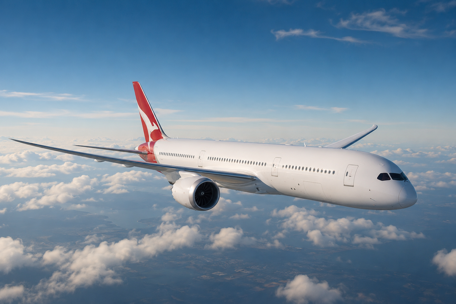 Qantas-style wide-body aircraft flying above the clouds, representing Qantas business class on long-haul routes.