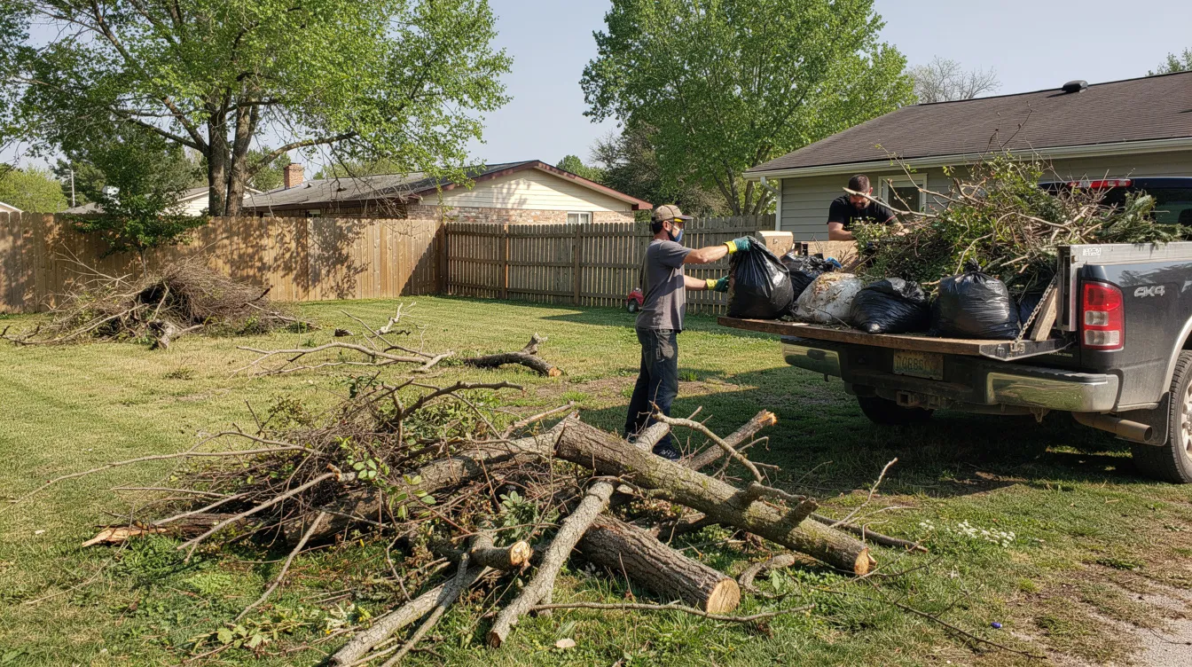 The image depicts a backyard cleanup scene where a crew is efficiently loading brush piles and various outdoor debris, including construction materials and old furniture, into a truck for responsible disposal. This professional junk removal service is ideal for homeowners and businesses looking to clear clutter and maintain a clean property.