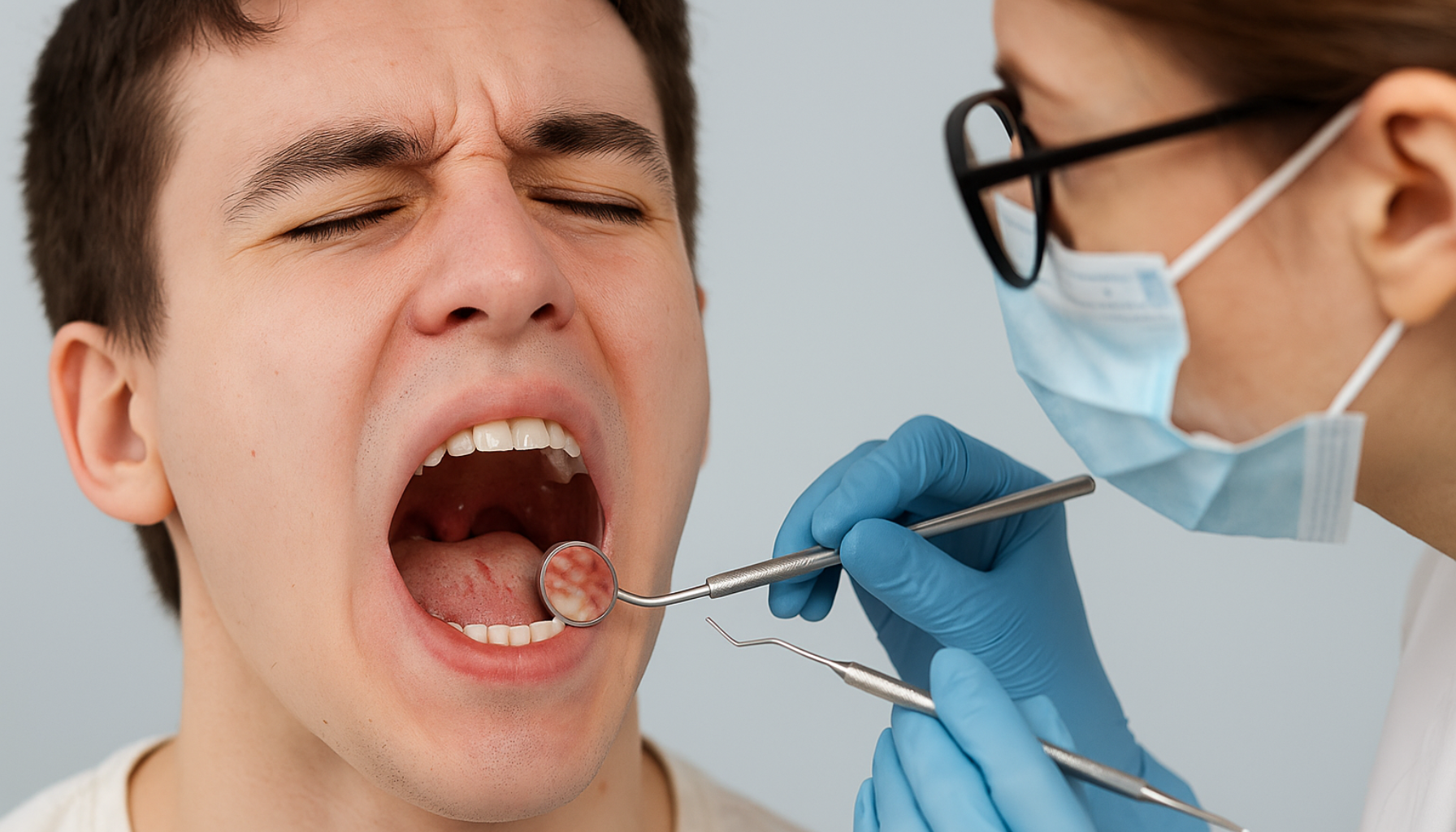 Ung mann viser små røde blodflekker i munnen under tannlegeundersøkelse.