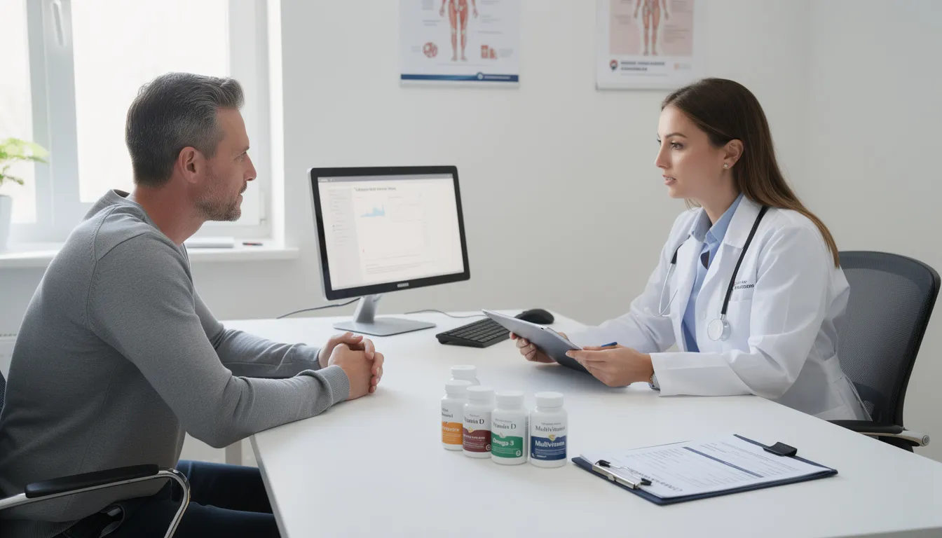 A person is seated across from a healthcare professional in a clinical setting, discussing dietary supplement options like coenzyme Q10 (coq10) while reviewing their medical history related to heart health and chronic diseases. The consultation emphasizes the potential benefits of complementary and integrative health approaches for managing conditions such as heart failure and muscle pain.