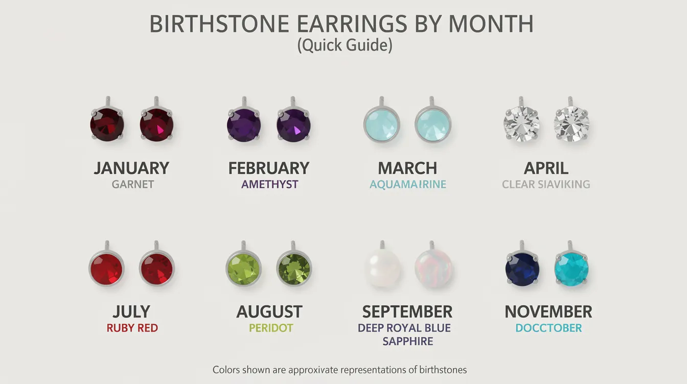 This image features a quick guide showcasing beautiful birthstone earrings by month, highlighting various styles such as stud earrings made from sterling silver and gold. Each pair represents a different birthstone, including ruby for July, emerald for May, and sapphire for September, making them perfect gifts for birthdays and everyday wear.