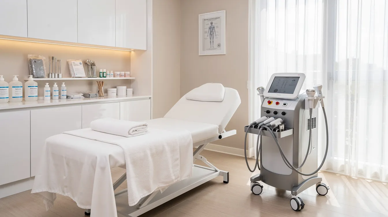 The image depicts a clean and modern treatment room, featuring a comfortable treatment bed ready for a body contouring procedure, with medical supplies neatly arranged. This setup is ideal for a liquid BBL treatment plan, offering a minimally invasive alternative for patients seeking natural-looking results with minimal downtime.