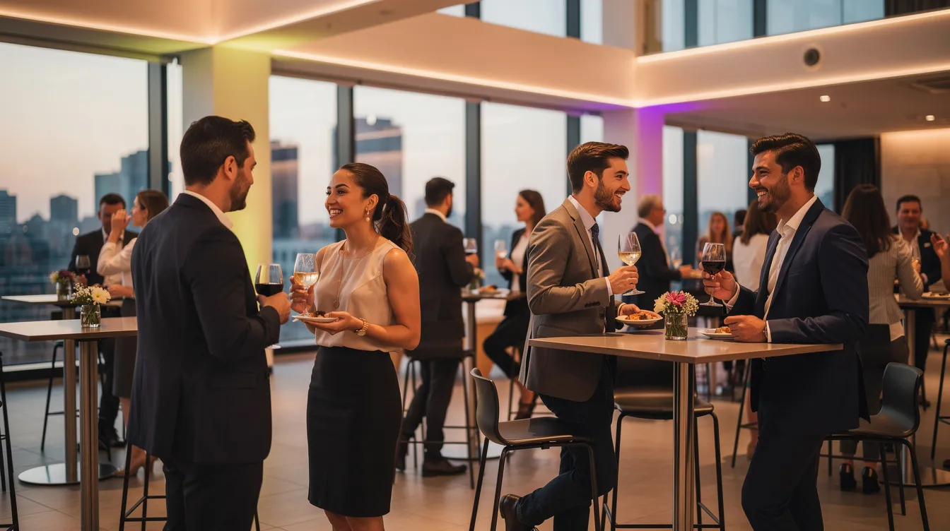 A group of young professionals is mingling and engaging in lively conversations at a modern social event venue, creating real connections and exploring compatibility in a fun way. The atmosphere is filled with laughter and the excitement of potential friendships and relationships.