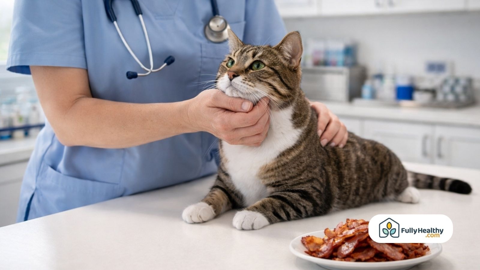 Veterinarian examining tabby cat on clinic table with bacon nearby