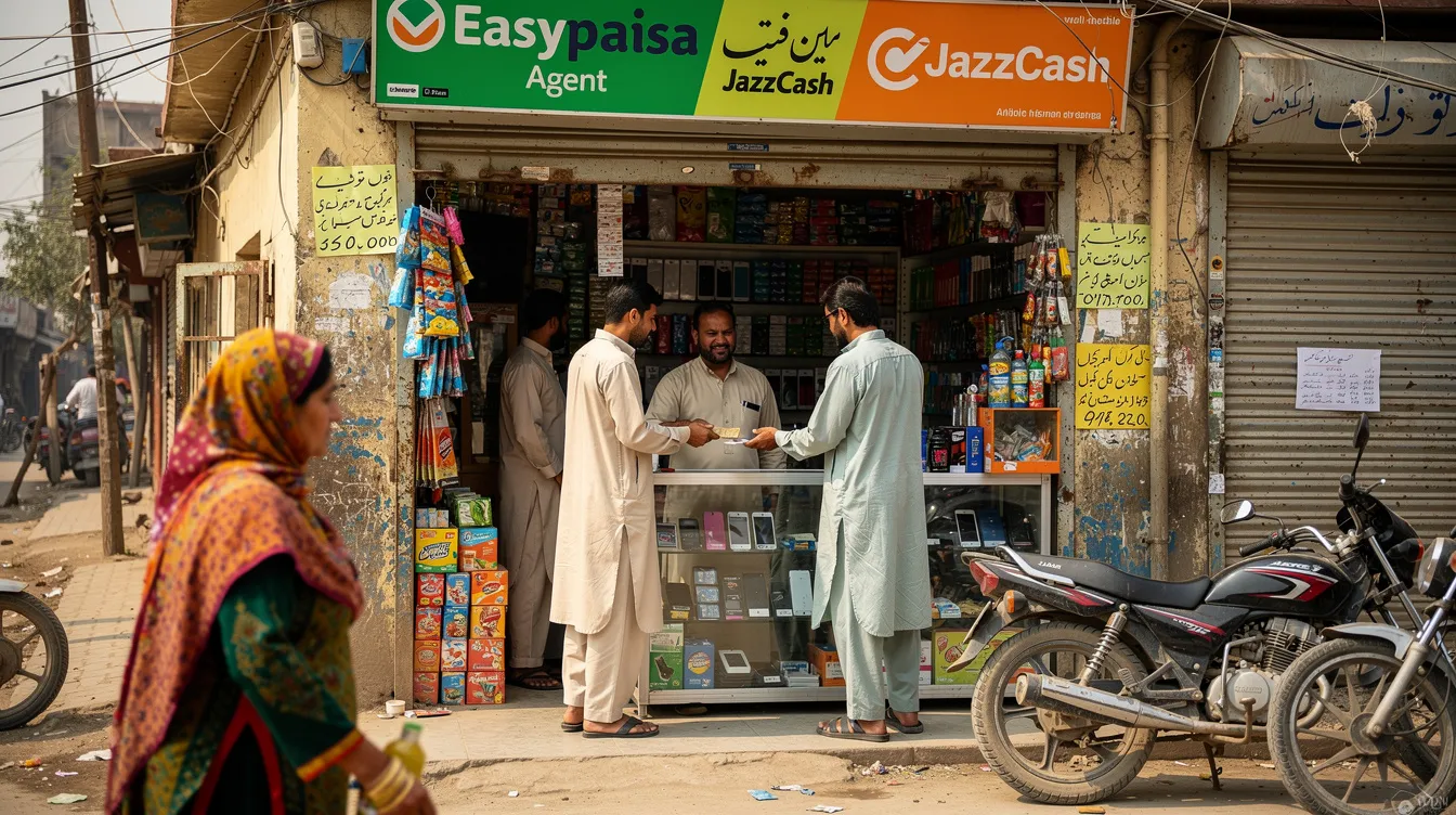 The image depicts a small retail shop in a Pakistani town, featuring a sign for a mobile money agent. Customers are seen interacting, highlighting the convenience of money transfer services like JazzCash, which allows them to send money and pay bills directly from their mobile wallets.