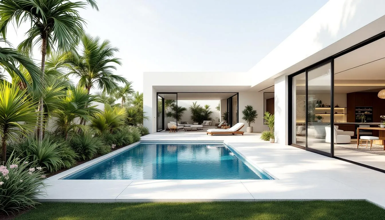 A beautifully landscaped swimming pool area with lush plants and outdoor features.