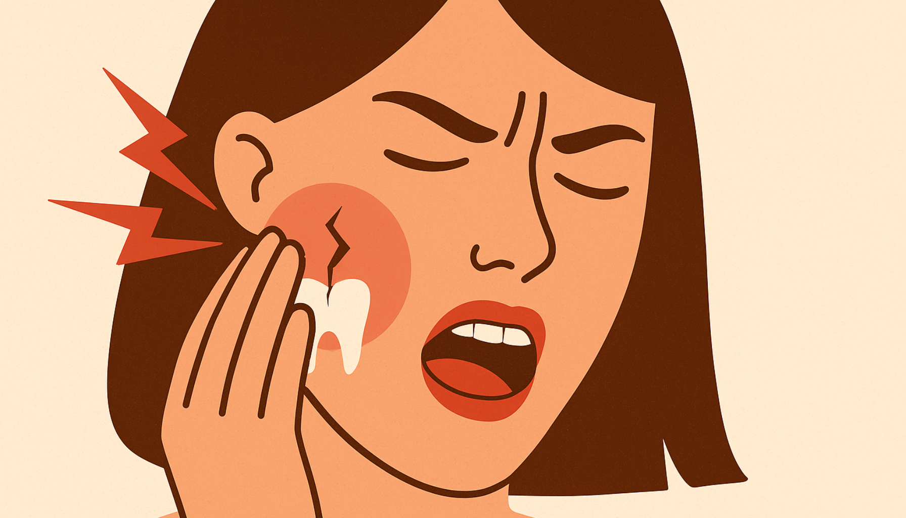 Sprekk i tann: Når du bør ta smerter på alvor 11 Illustrasjon av kvinne med sprukket tann, holder kinnet mens røde smerteindikasjoner viser intens tannpine.