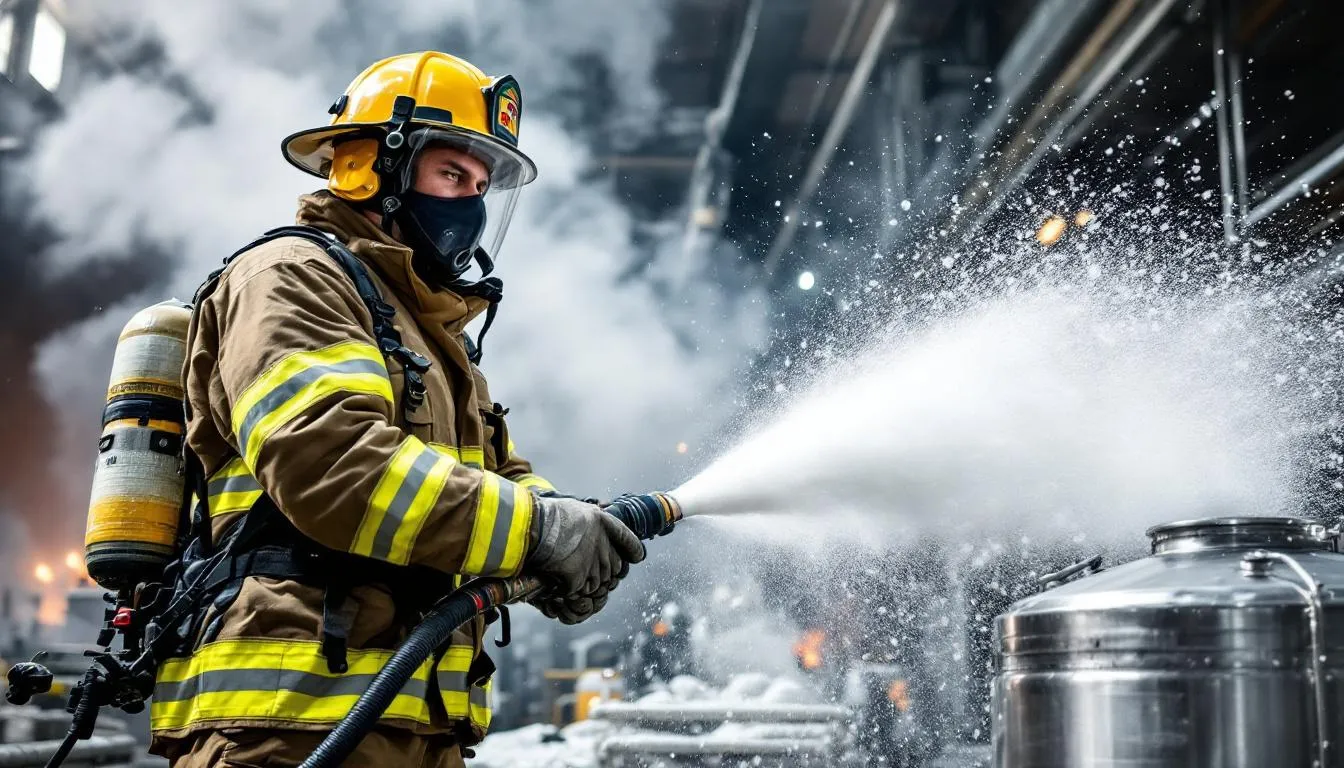 A firefighter is actively using a foam suppression system at an industrial facility, demonstrating crucial fire safety measures. The scene highlights the importance of effective firefighting techniques in environments that may involve hazardous substances, emphasizing the need for environmental protection and public health safety.