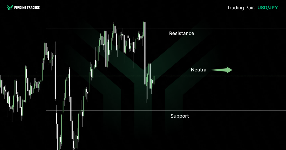 Funding Traders branded candlestick chart for USD/JPY on a dark background, showing price oscillating within a defined range bounded by a resistance level at the top and a support level at the bottom. The most recent candles show a sharp rejection from resistance followed by a swift drop toward the midpoint of the range, indicating neither buyers nor sellers have taken firm control. A green arrow pointing right labeled "Neutral" reflects an indecisive market bias, cautioning traders against committing to a directional trade until a breakout is confirmed.