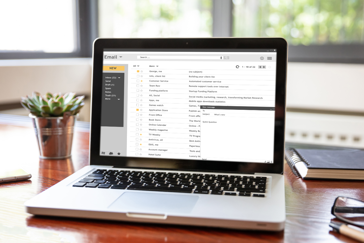 A calm, professional setting with email tab shown on screen.