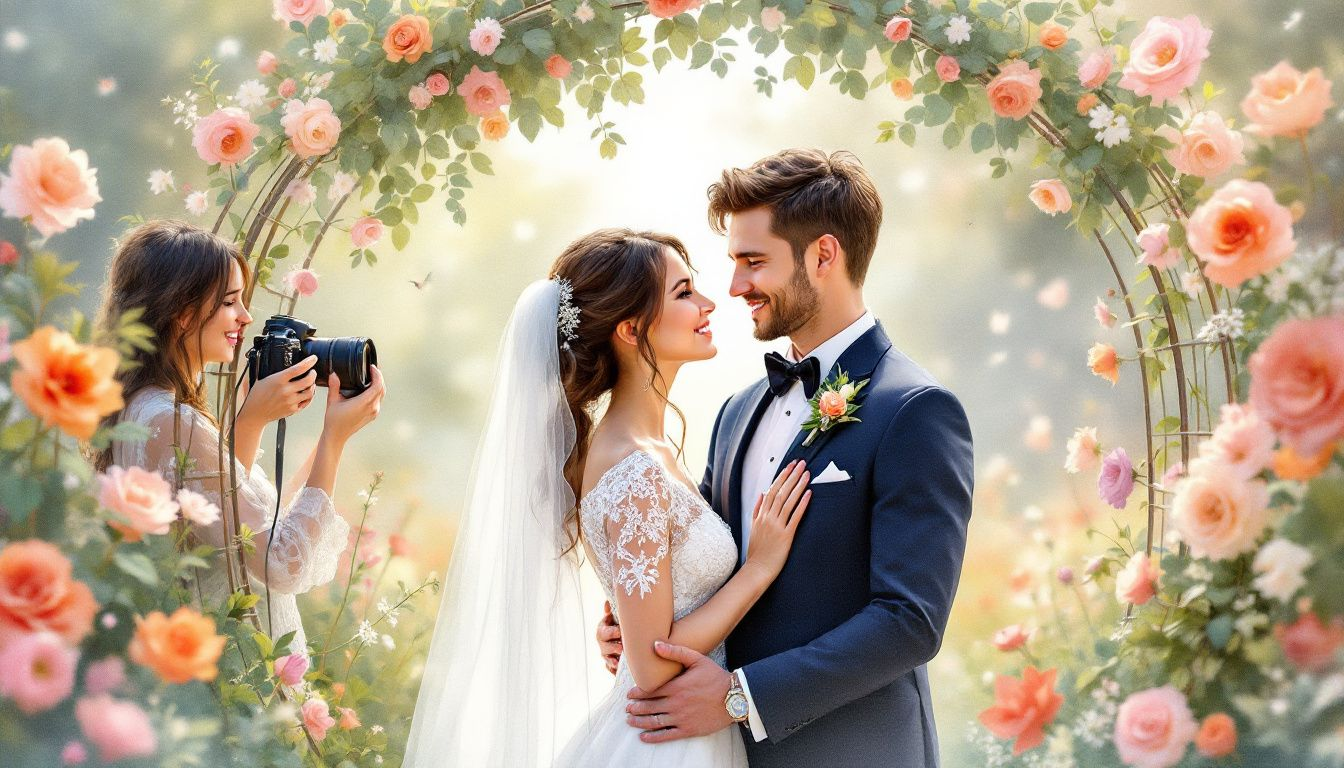 A wedding photographer capturing a couple at their wedding ceremony.