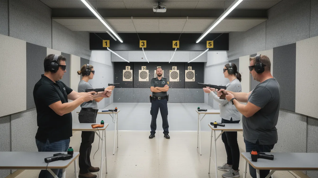 The image depicts a firearms safety class taking place at an indoor shooting range, where a certified firearm safety trainer supervises a group of adults from a distance. Participants are engaged in learning about gun safety laws and proper handling of firearms, emphasizing the importance of responsible ownership and adherence to Washington state law.