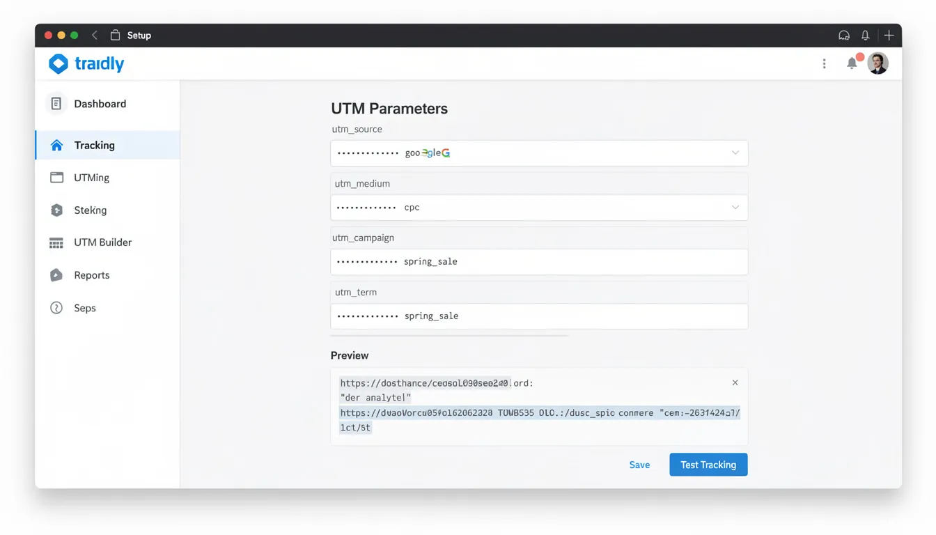 The image displays an analytics tracking setup interface featuring visible UTM parameters, essential for monitoring social media marketing efforts across various social media platforms. This setup aids in optimising search engine results pages by effectively tracking social media posts and their impact on search rankings.