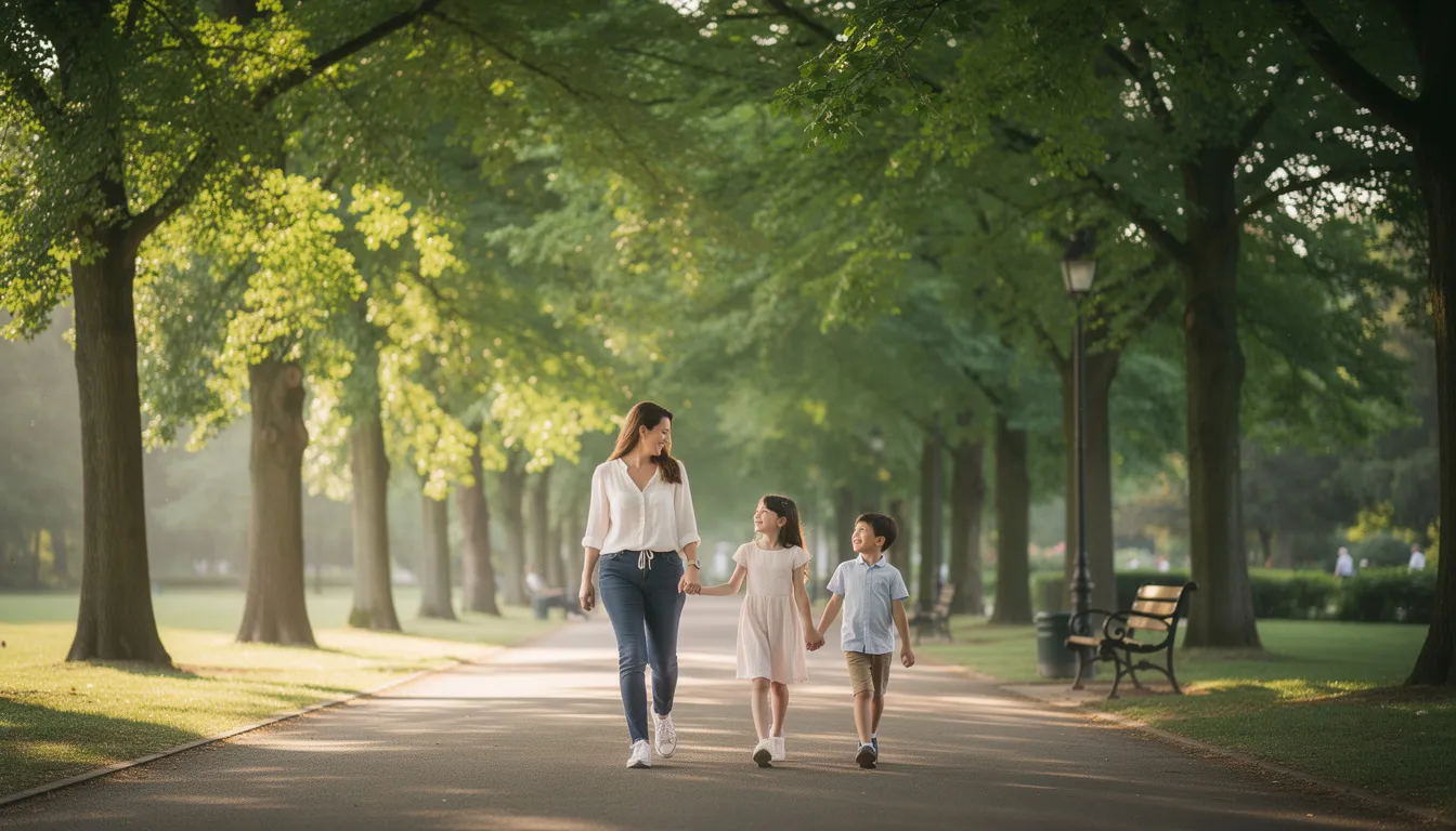 Rodzina spacerująca alejką parkową otoczoną wysokimi drzewami, cieszy się świeżym powietrzem w kameralnym klimacie. Takie miejsca, jak park Kaskada w Warszawie Żoliborzu, są idealne do relaksu i spędzania czasu na łonie natury.