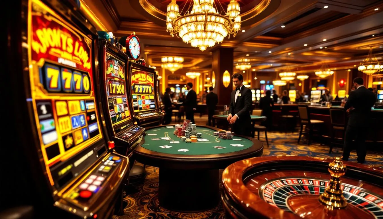 En bild som visar en mångfald av casinospel, inklusive spelautomater, pokertabeller och roulettespel. Denna variation av spel finns på utländska casinon, där svenska spelare kan njuta av både klassiska och moderna spelupplevelser.