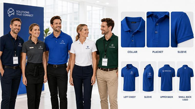 Custom polo shirts for corporate uniforms with collar, placket, sleeve, left chest, and back logo placement options.