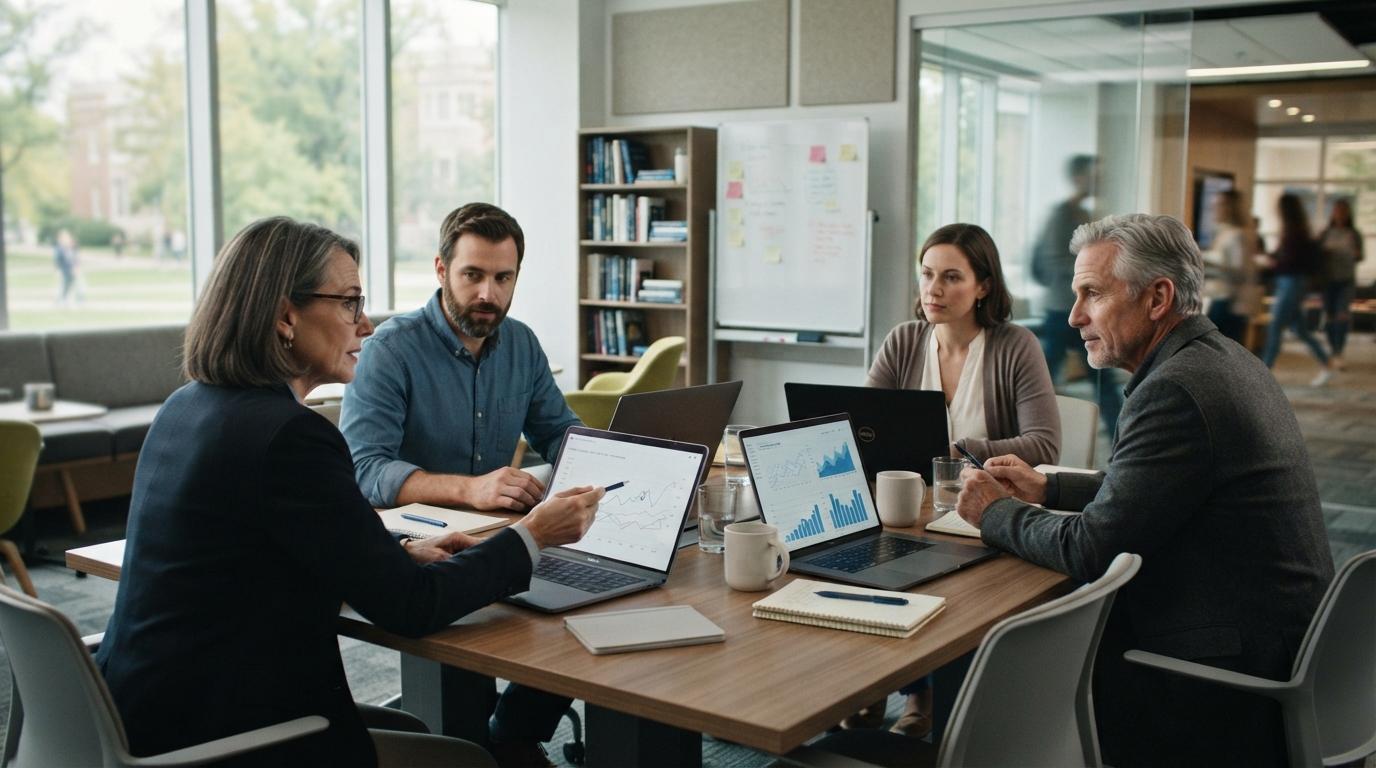 University educators reviewing student performance data on laptops during a strategy meeting, modern academic workspace.