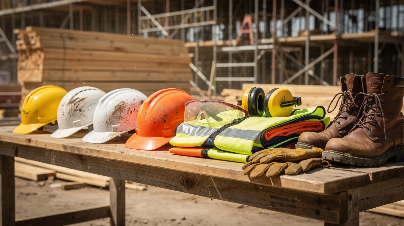 The image shows a workbench at a construction site, neatly arranged with safety hard hats and protective equipment, highlighting the importance of worker safety and compliance with industry standards in the construction industry. This setup reflects the necessary safety training and regulatory compliance required for construction workers and temporary workers on job sites.