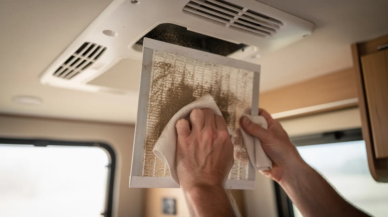 A pair of hands is seen removing and cleaning the return air filter of an RV air conditioner located near a ceiling vent inside a recreational vehicle. This maintenance step is essential for ensuring proper airflow and optimal performance of the RV AC unit.