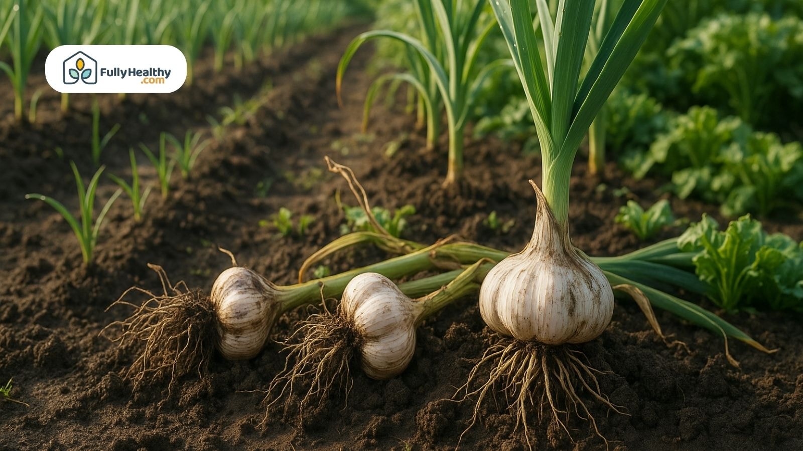Three freshly pulled garlic bulbs lying on soil with roots and green stalks still attached.