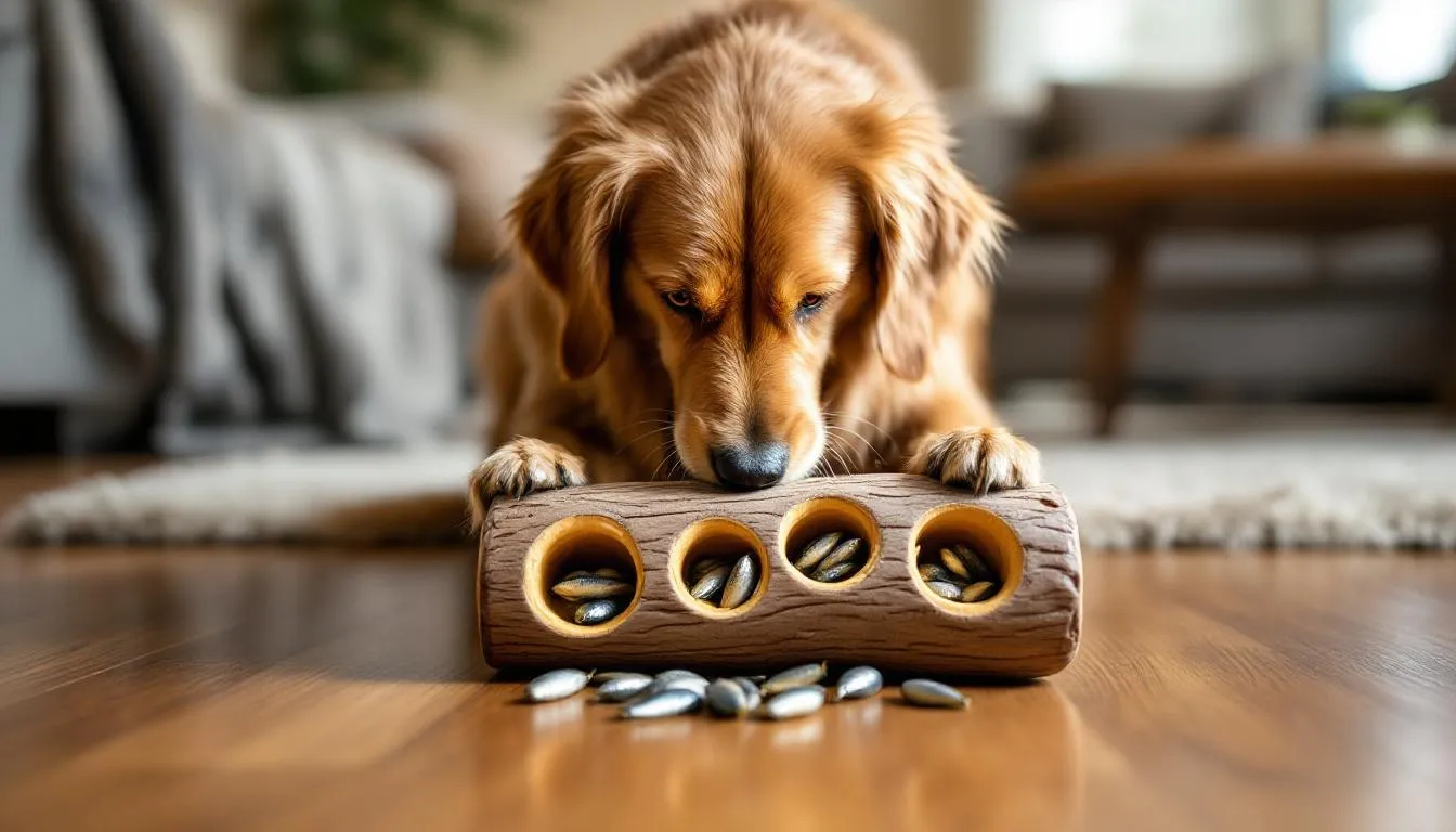 A dog is intently working on a puzzle toy, trying to retrieve canned sardines hidden inside. This engaging activity not only provides mental stimulation but also highlights the potential health benefits of feeding sardines to dogs, such as omega 3 fatty acids for a healthy coat and overall well-being.