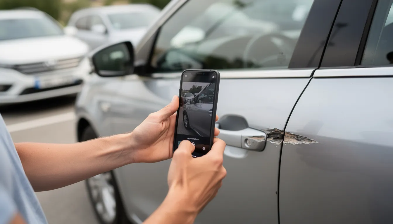 Une personne utilise son smartphone pour photographier une rayure sur la carrosserie d'une voiture de location, soulignant l'importance de documenter l'état du véhicule avant la restitution. Cette action est essentielle pour éviter des frais de réparation non prévus lors du retour du véhicule.