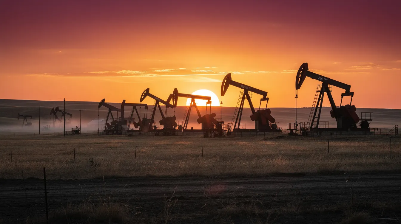 The image depicts the silhouettes of oil pump jacks in operation against a vibrant sunset, set in an expansive prairie landscape, representing the oil and gas industry’s ongoing activities in energy production. This scene highlights the essential role of oil and gas producers and their operations in harnessing natural resources.