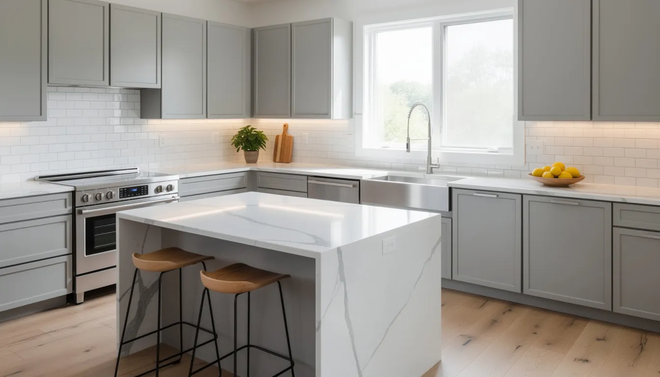 The image showcases a modern kitchen featuring elegant quartz countertops and a stylish subway tile backsplash, highlighting a contemporary design ideal for kitchen remodeling. This inviting space emphasizes quality materials and thoughtful layout, perfect for homeowners looking to renovate and create a new life in their home.