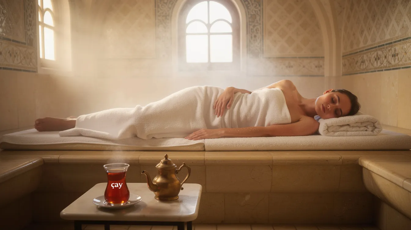Una persona descansa envuelta en toallas blancas en una sala tranquila de un hamam, rodeada de mármol y vapor, mientras disfruta de una taza de té turco. La atmósfera refleja un ambiente de relajación y bienestar, típico de los tradicionales baños turcos del imperio otomano.