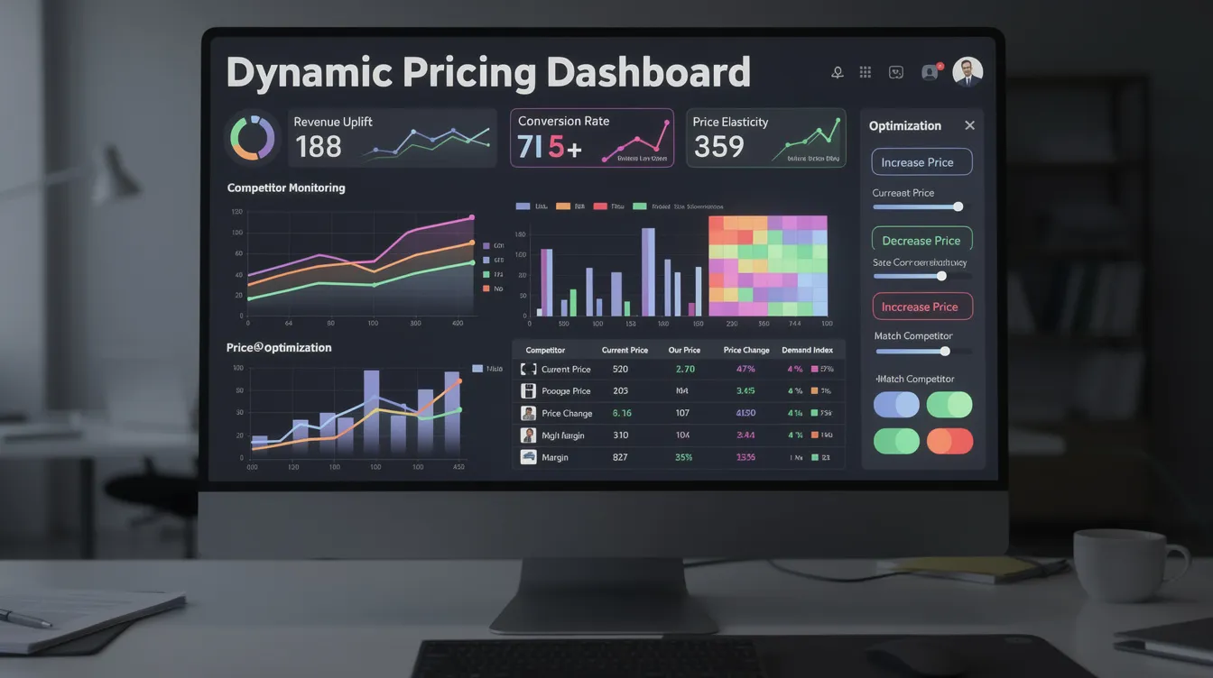 The image depicts a dynamic pricing dashboard that showcases real-time competitor monitoring and price optimization tools, essential for enhancing retail operations. It highlights various metrics related to competitor pricing, inventory management, and customer behavior, aimed at improving customer satisfaction and engagement in the retail industry.