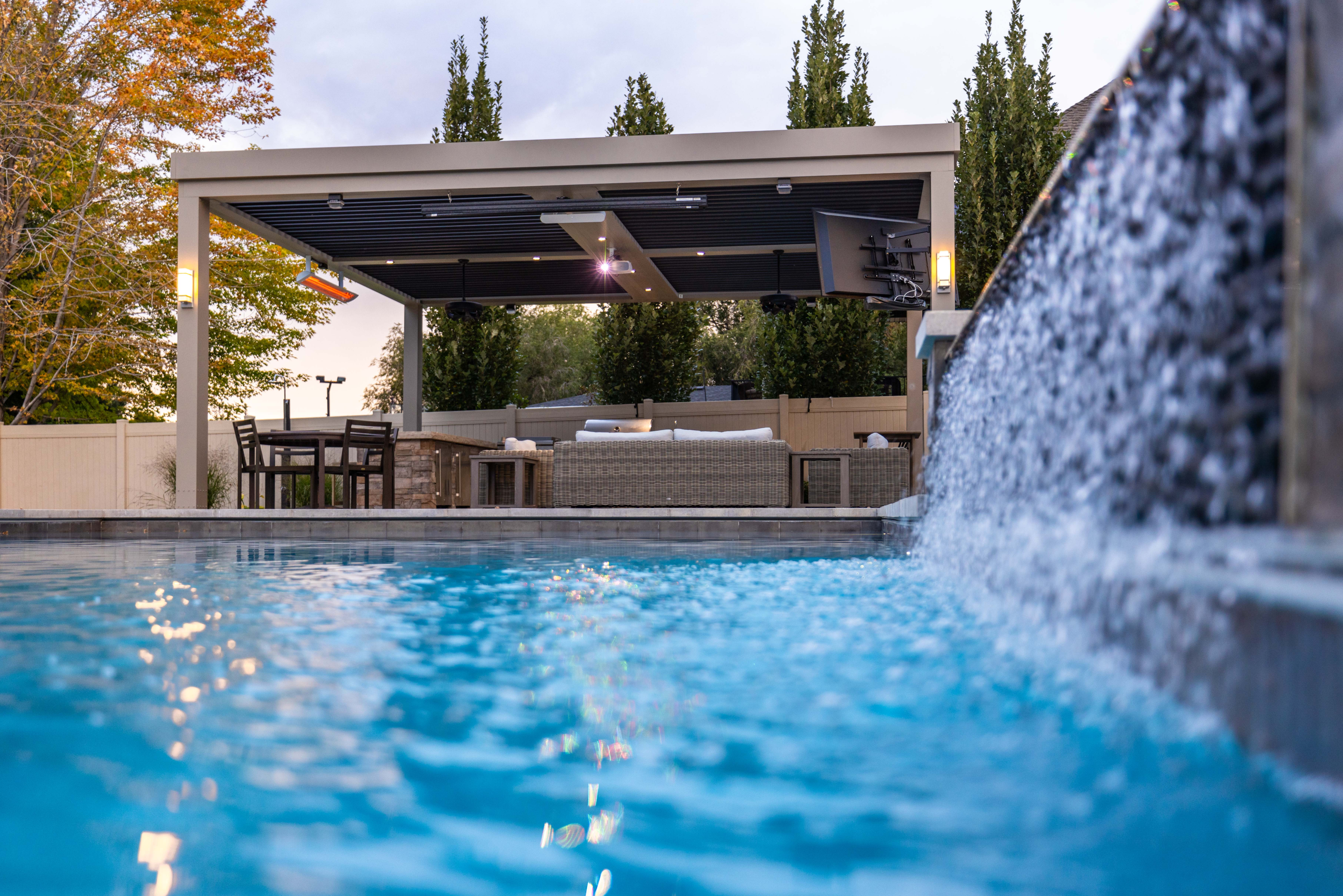 flowing water pool facing outdoor Pergola
