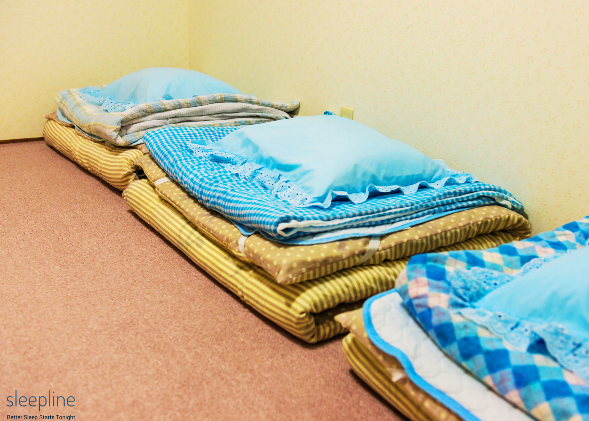 Folded up Japanese futons