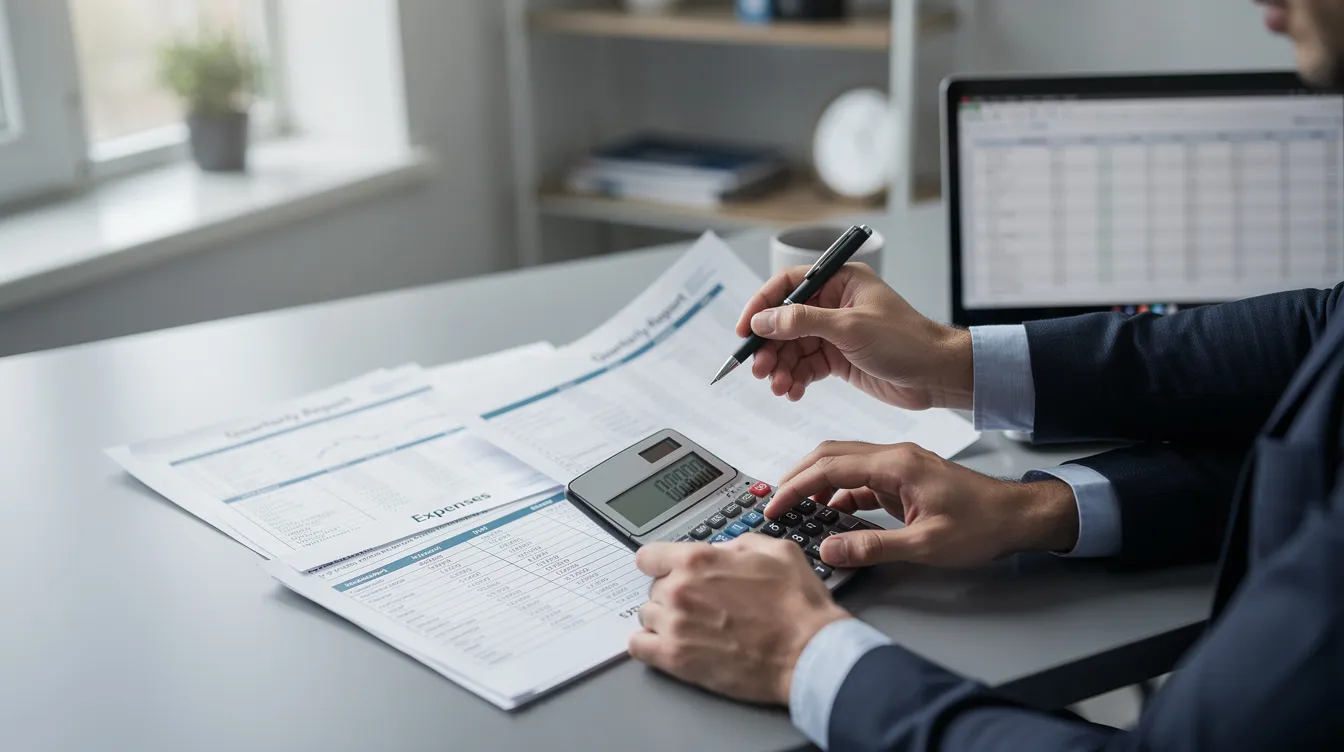 A person is sitting at a desk, intently reviewing financial documents while using a calculator to determine their monthly repayment amount for a private loan. The scene conveys a sense of focus on calculating loan amounts, interest rates, and repayment terms.