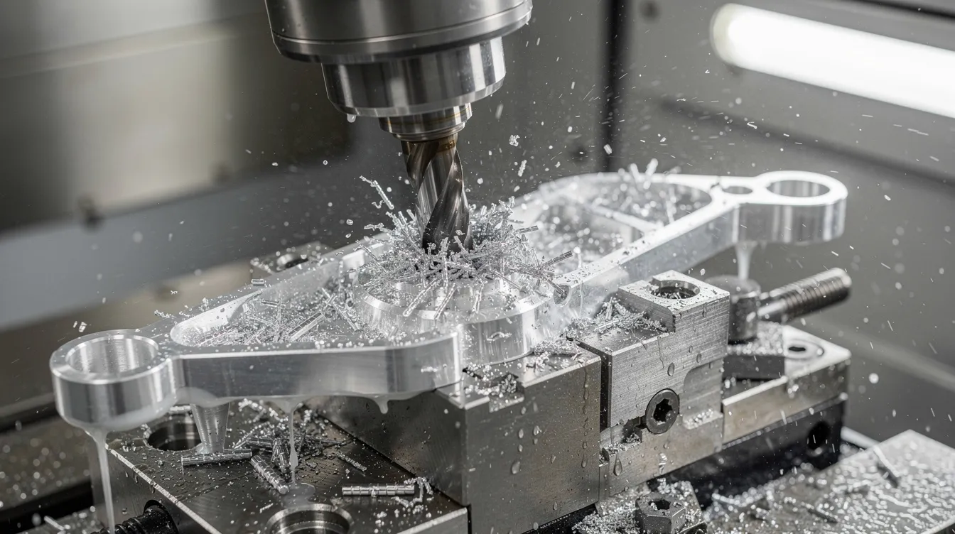 A close-up view of a 5-axis CNC machine is shown, precisely cutting an aluminum aerospace bracket while coolant flows to keep the process cool. This advanced CNC machinery exemplifies high precision and is commonly used in the aerospace industry for custom machining services.