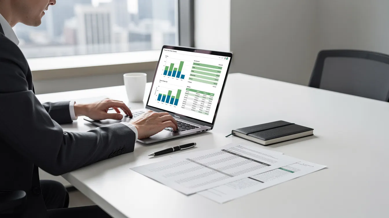 A professional is seated at a clean office desk, intently reviewing financial documents on a laptop, which likely includes details related to managing IOLTA accounts and client trust funds. The environment reflects a focused atmosphere conducive to trust accounting and financial oversight.