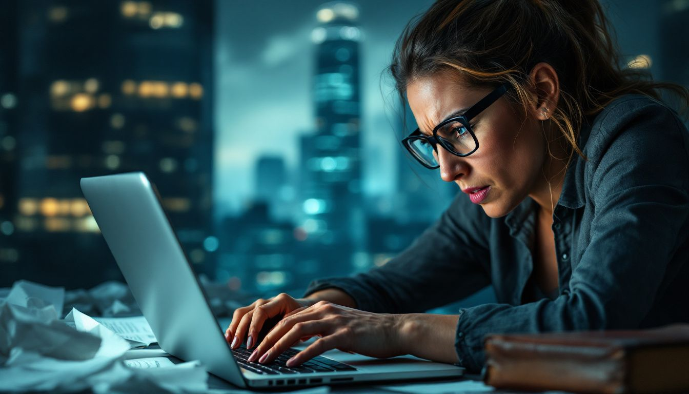 A person contemplating legal actions against a false accuser, looking at a laptop with legal documents open.