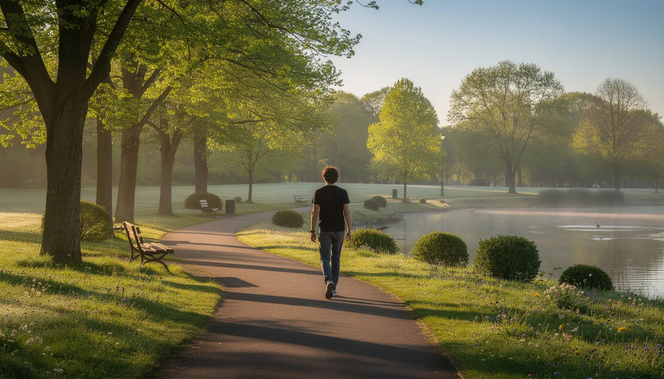 A person is taking a peaceful walk in a park, surrounded by greenery, which promotes mental health and well-being. This serene environment can help reduce stress and improve mood, providing a necessary break from the challenges of workplace depression and excessive workloads.