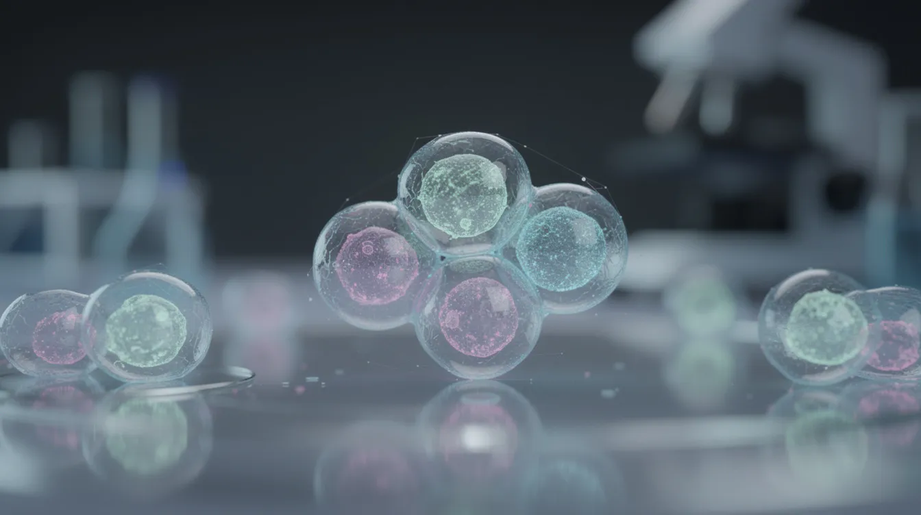 The image presents a microscopic view of human cells in a laboratory setting, showcasing the intricate structures and forms of these cells, which are crucial for understanding the aging process and potential benefits of longevity research. This detailed examination aids researchers in exploring cellular senescence and the effects of various compounds on health and recovery.