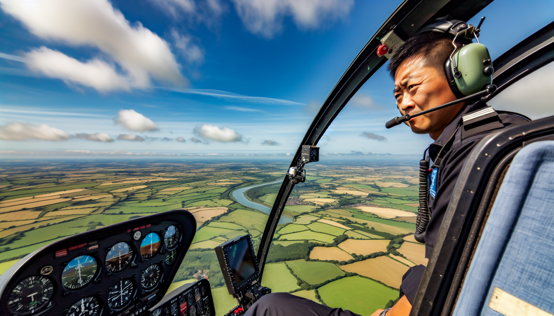 Helicopter pilot conducting solo flight over scenic landscape